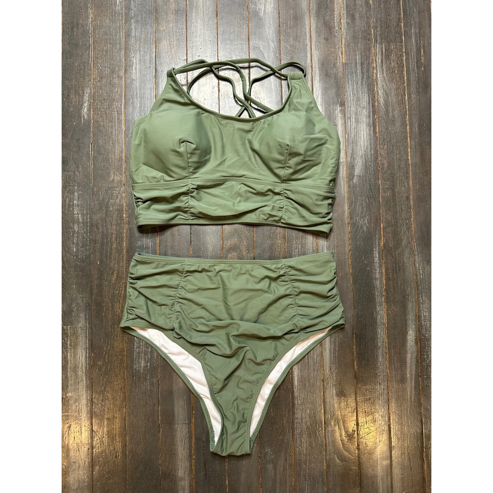 Shein Olive Green Ruched High Waisted Bikini Set Two Piece Swimsuit